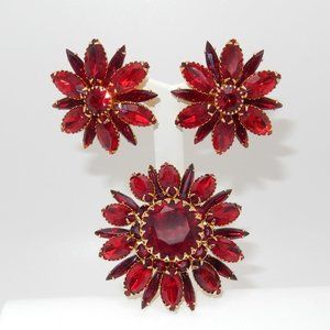 Vintage Signed Judy Lee Floral Brooch & Earring Set / Ruby Red Rhinestones